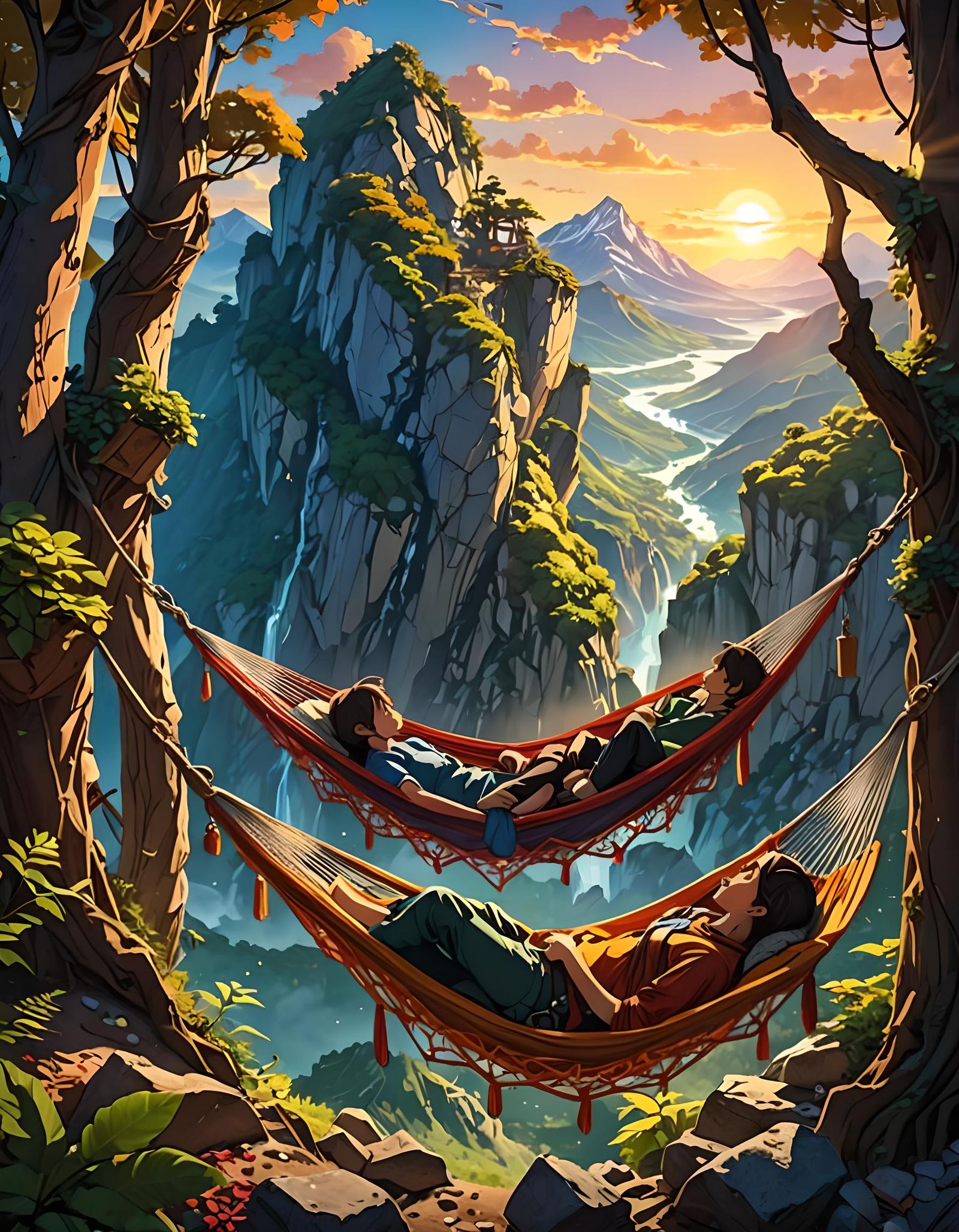 Magical Mountain Sunrise: Friends in Hammocks, Anime Style