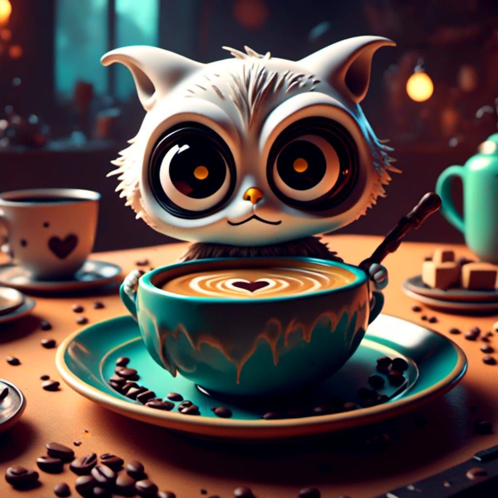 Cartoon Coffee Cup with Scary Eyes and Heart Face