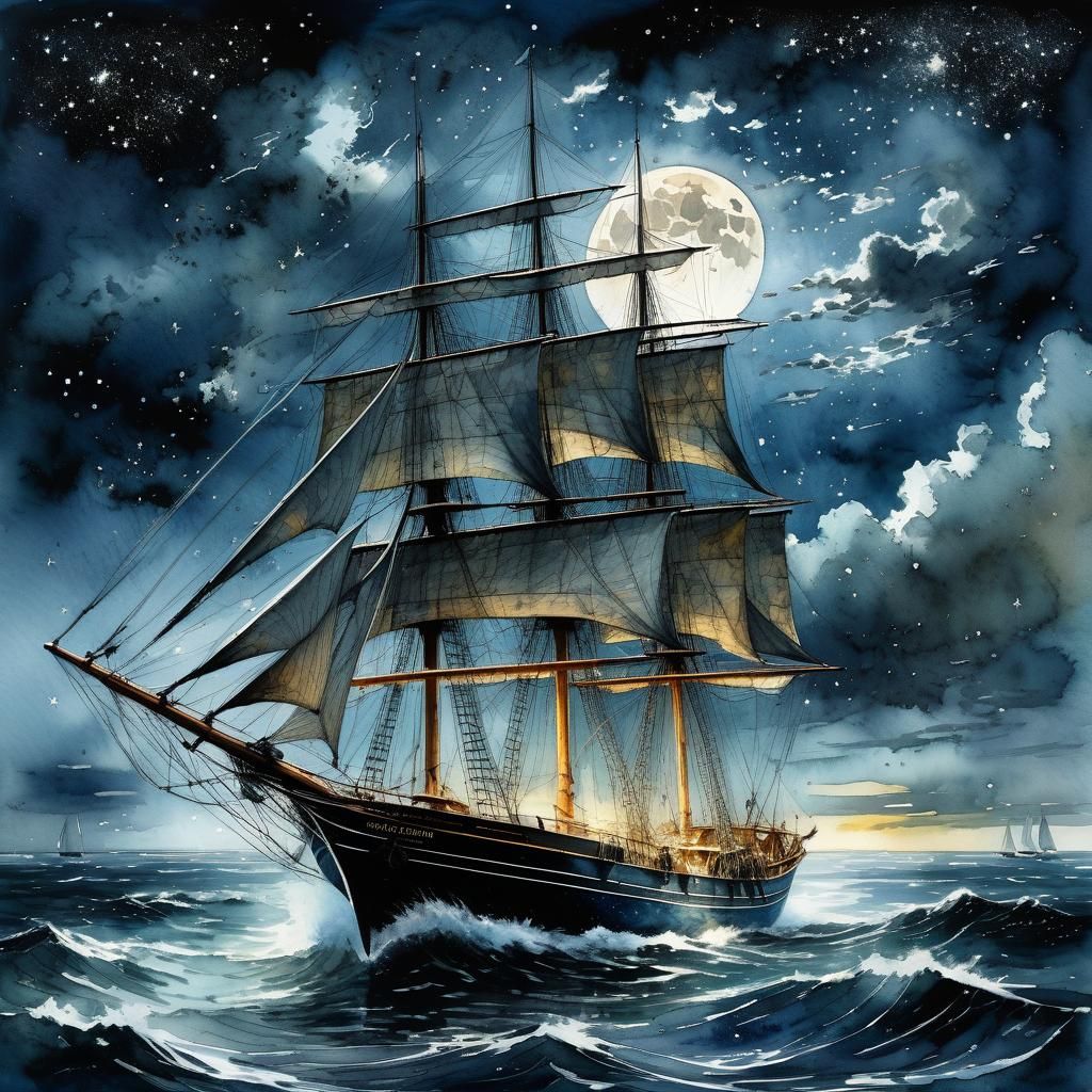 Sailboat on Cloudy Moonlit Sea as Watercolor