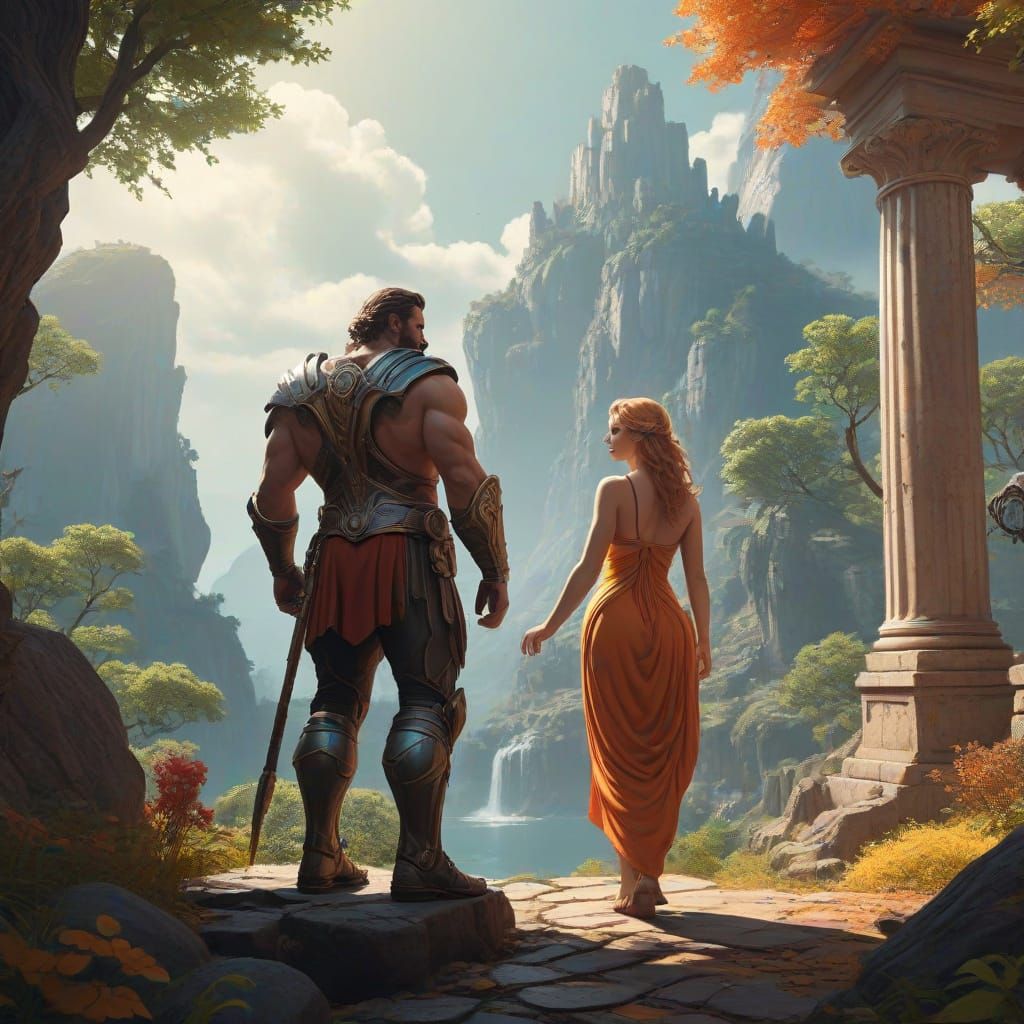 Ancient Greek God Hephaestus with Goddess Aphrodite in a Dre...