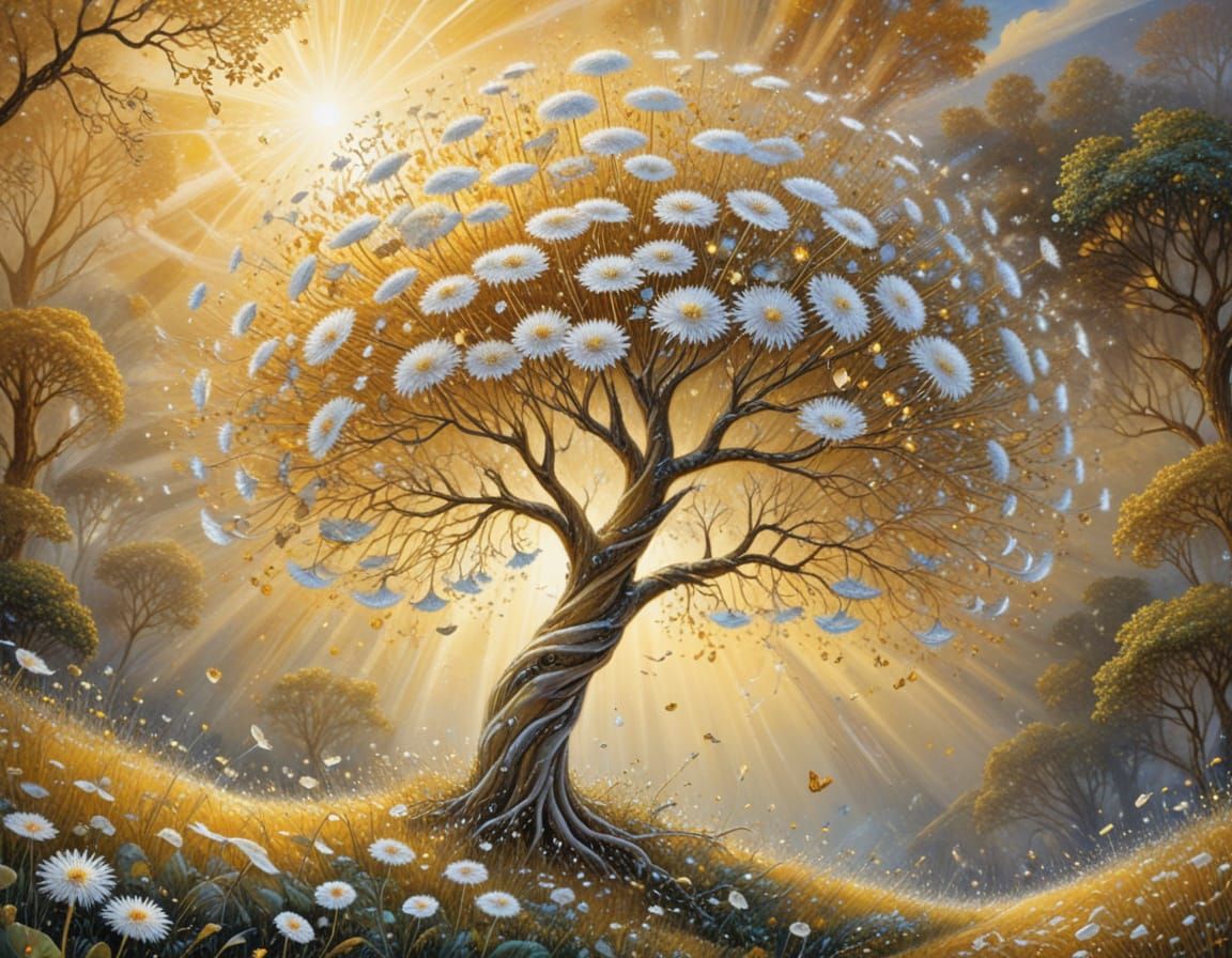 Magical Tree with Golden Leaves in Fantasy Style