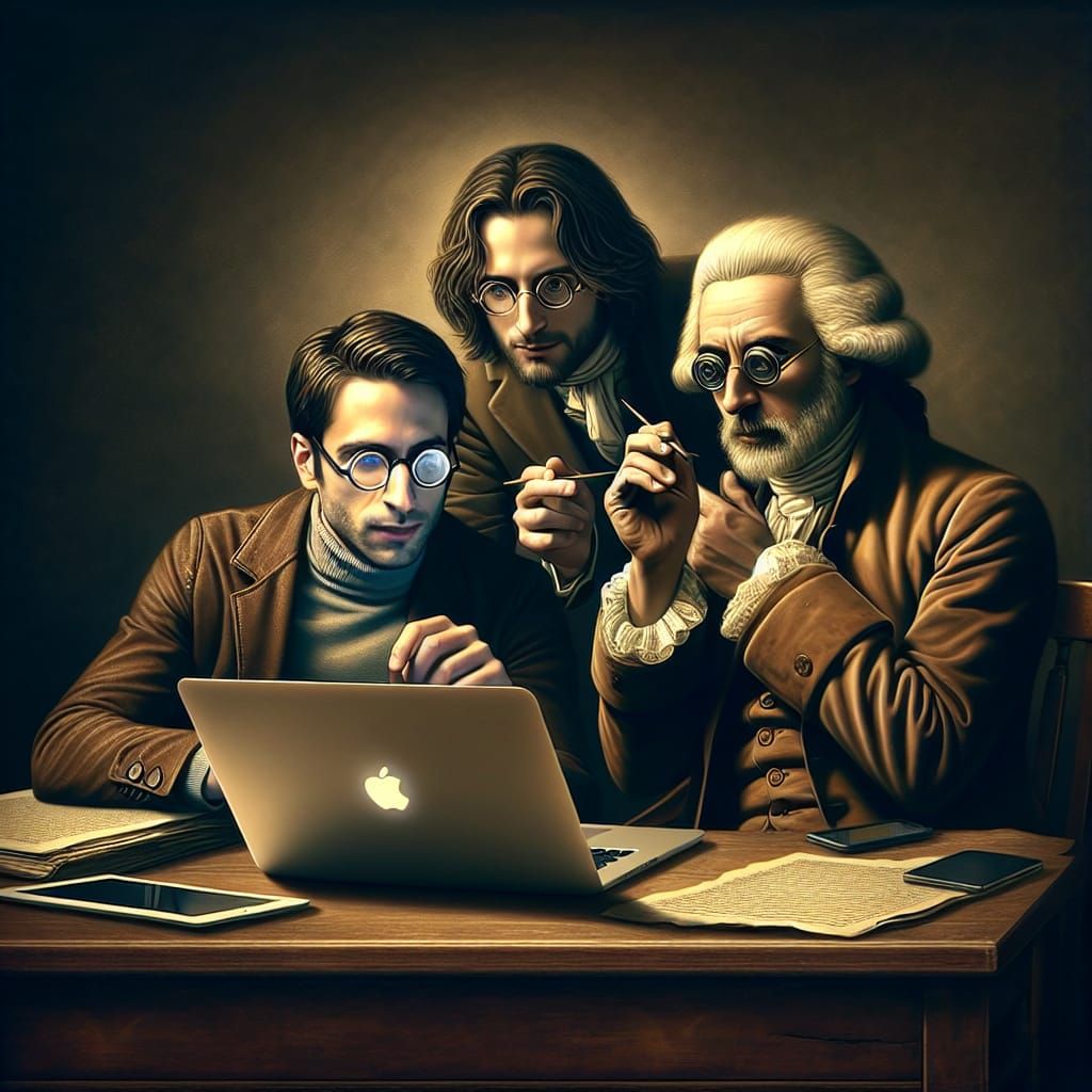 Historical Figures Collaborate on Modern Tech, Oil Painting