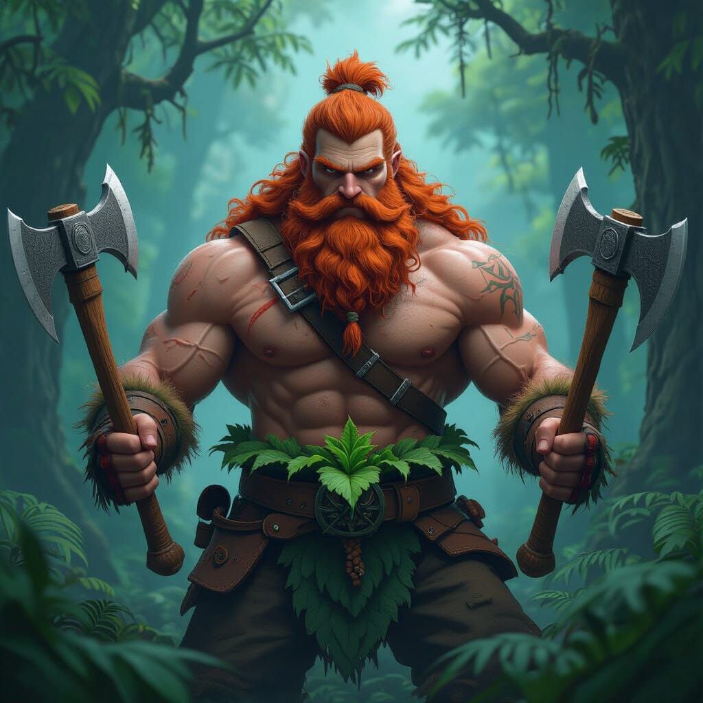 Red Haired Lumberjack with Kale Chest Hair Wields Axes