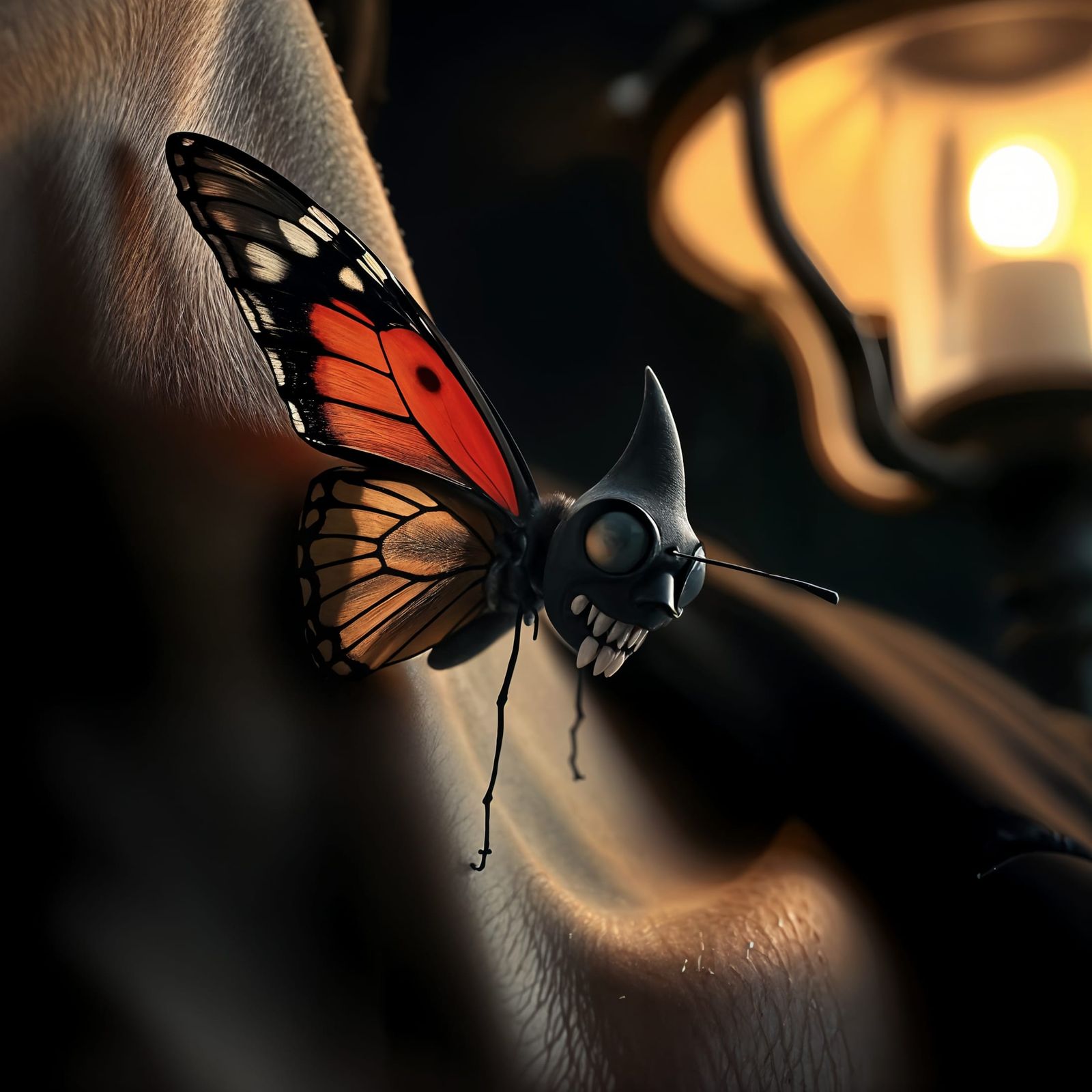 Photorealistic Vampire Butterfly on Neck Close-Up