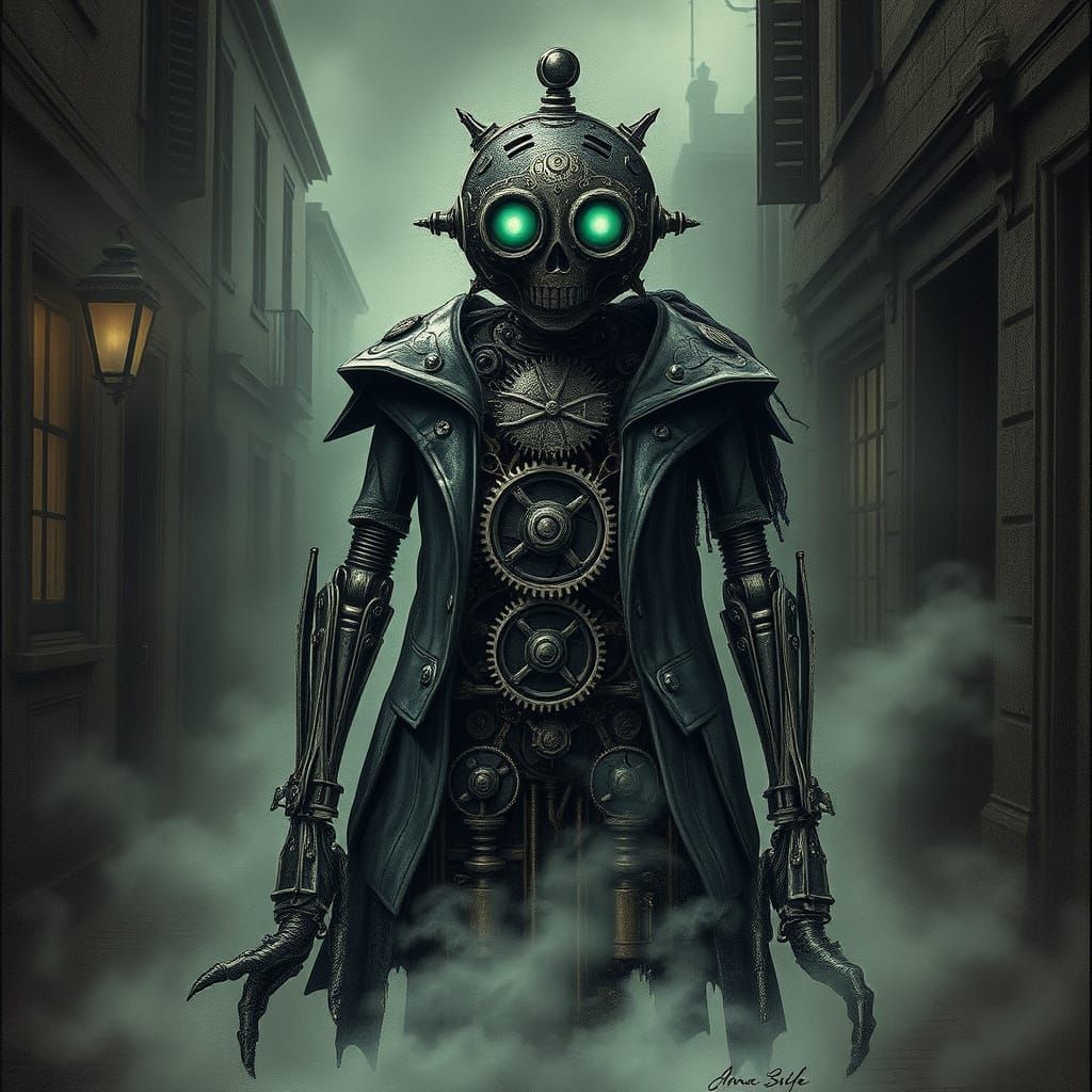Clockwork Automaton in Foggy Victorian Street