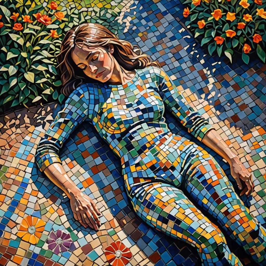 Mosaic Woman in Garden: Neo-Impressionist Oil Painting