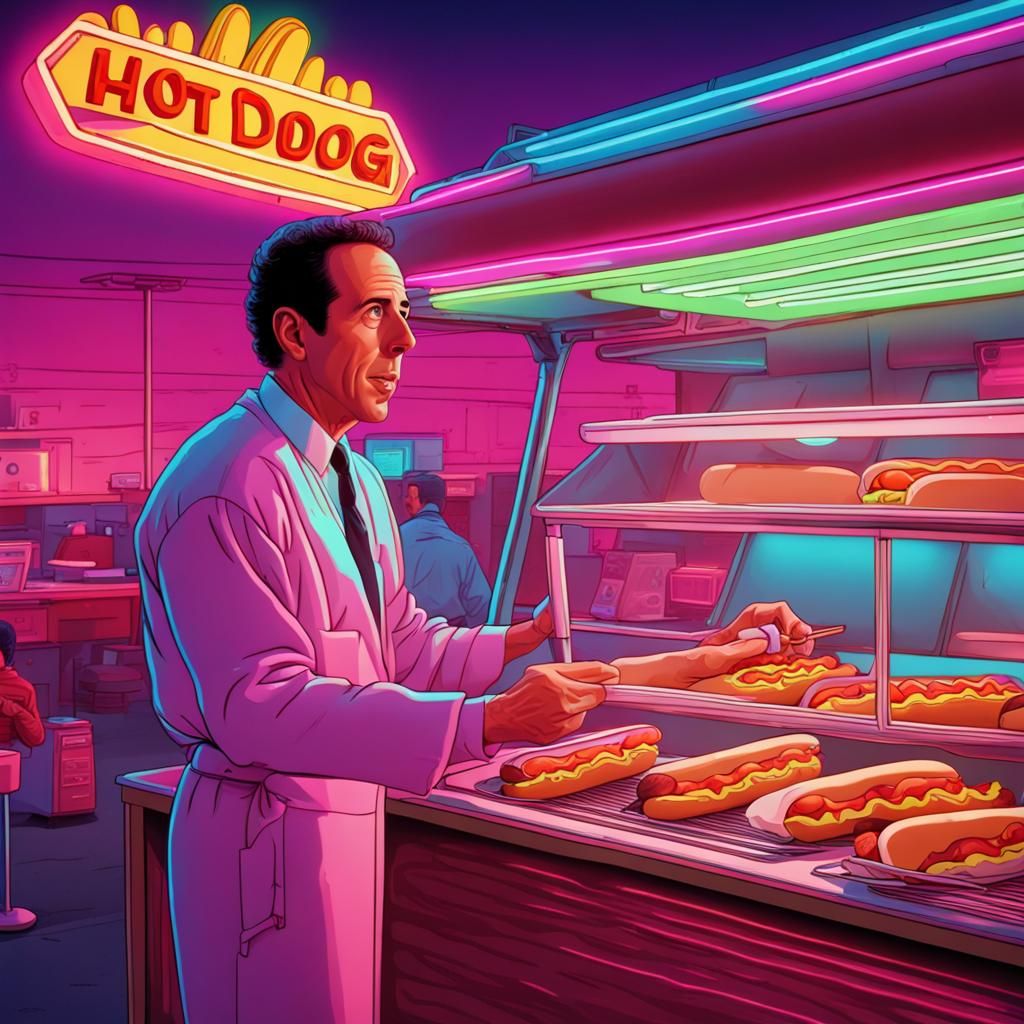 Jerry Seinfeld at Hot Dog Stand in Synthwave