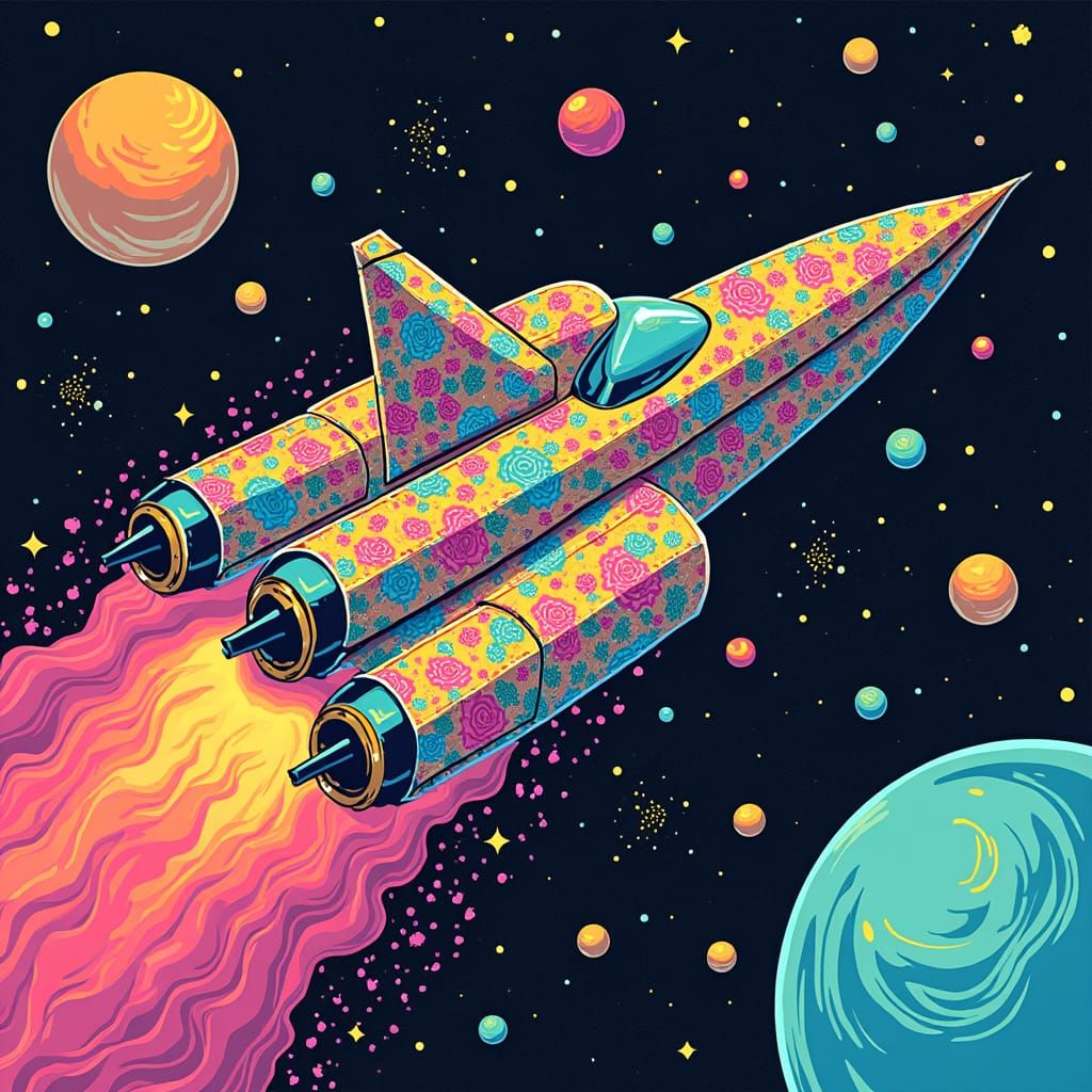 Psychedelic Flower-Powered Space Shuttle in Cosmos