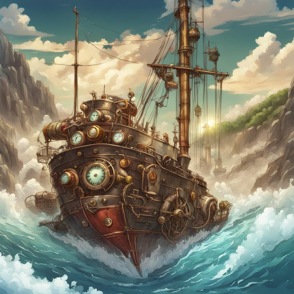Steampunk Boat Amidst Raging Waters: Anime-Inspired Art