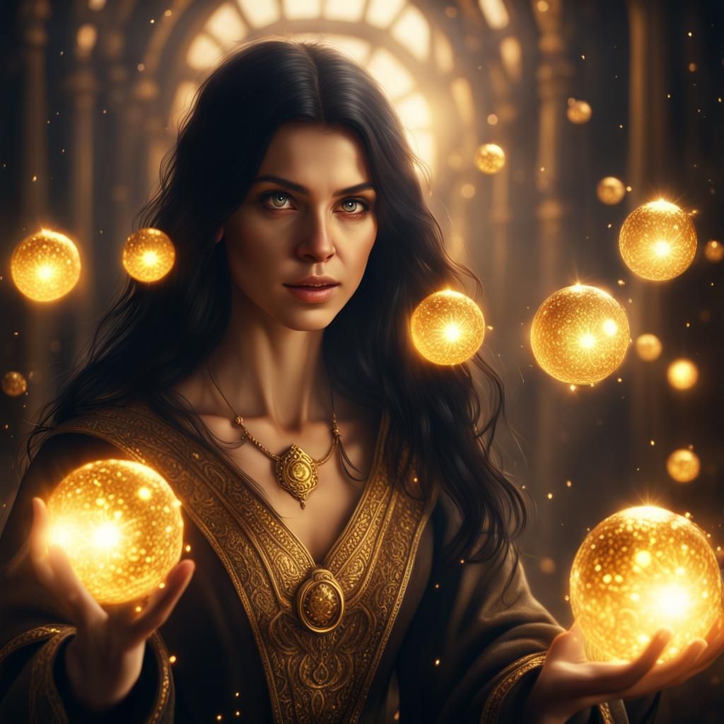 Female Mage Conjuring Golden Light Spheres