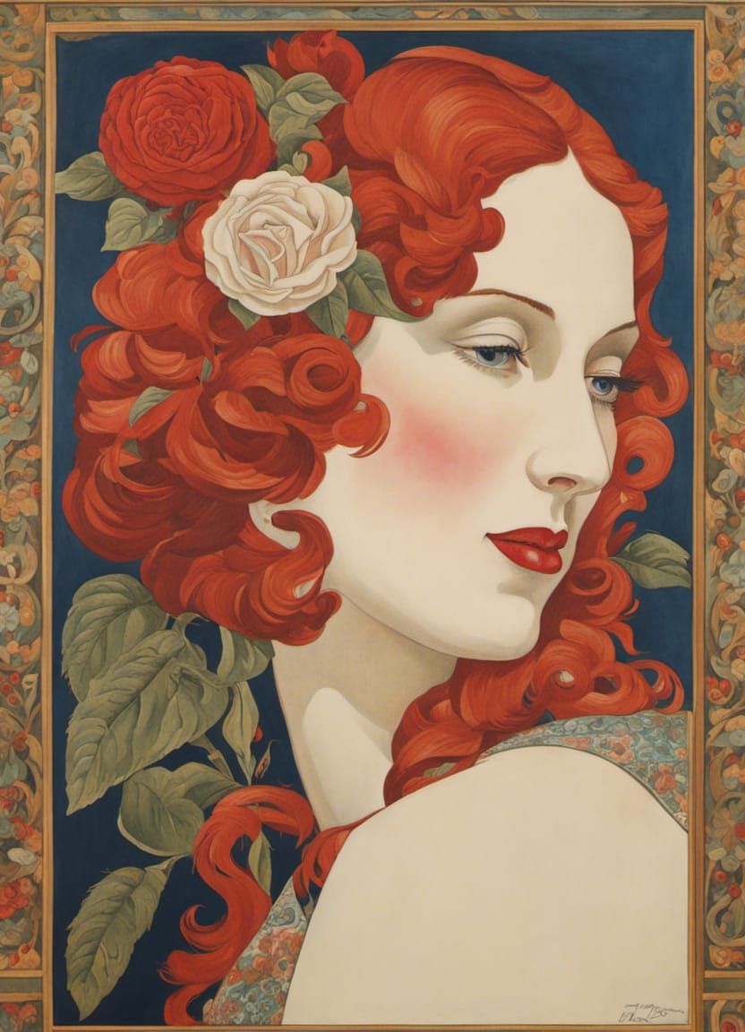 Woman with Red Rose in Art Deco Style