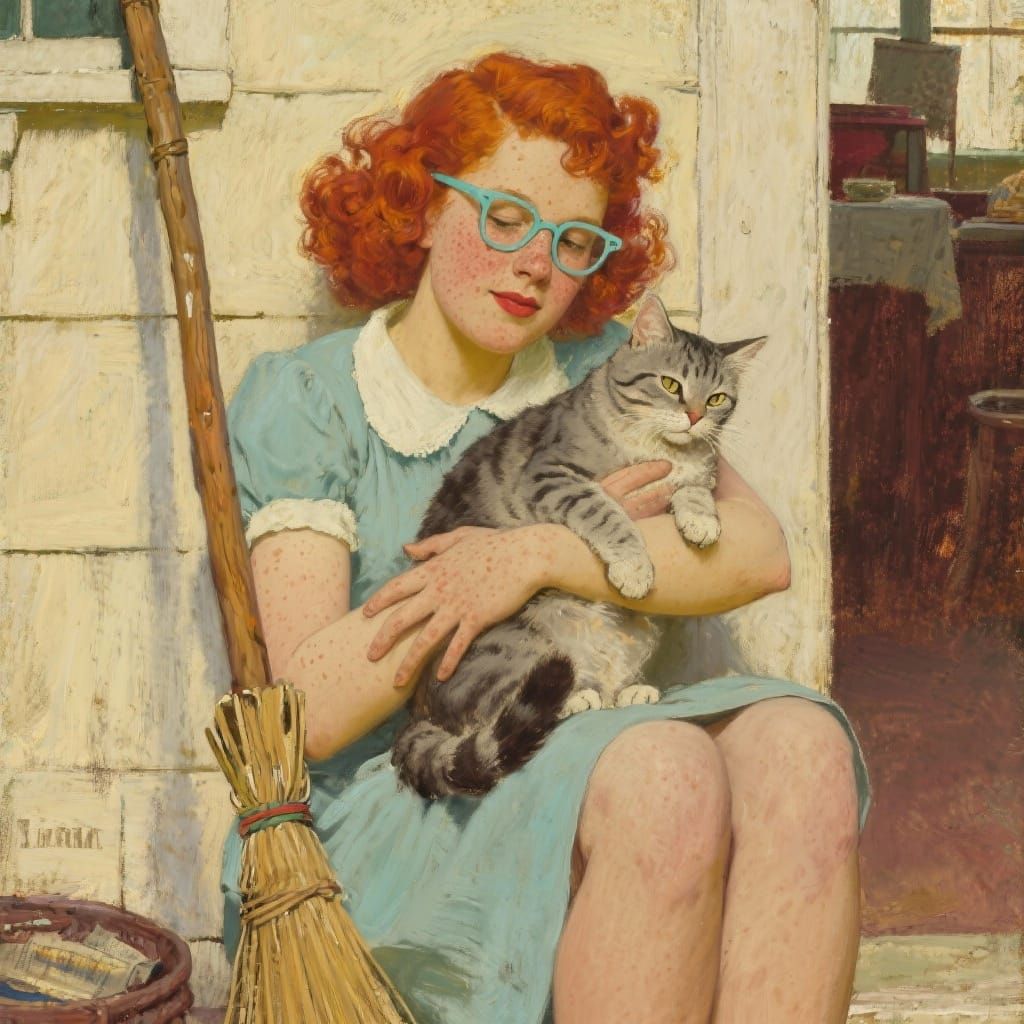 Young Woman with Cat and Broom in Norman Rockwell Style