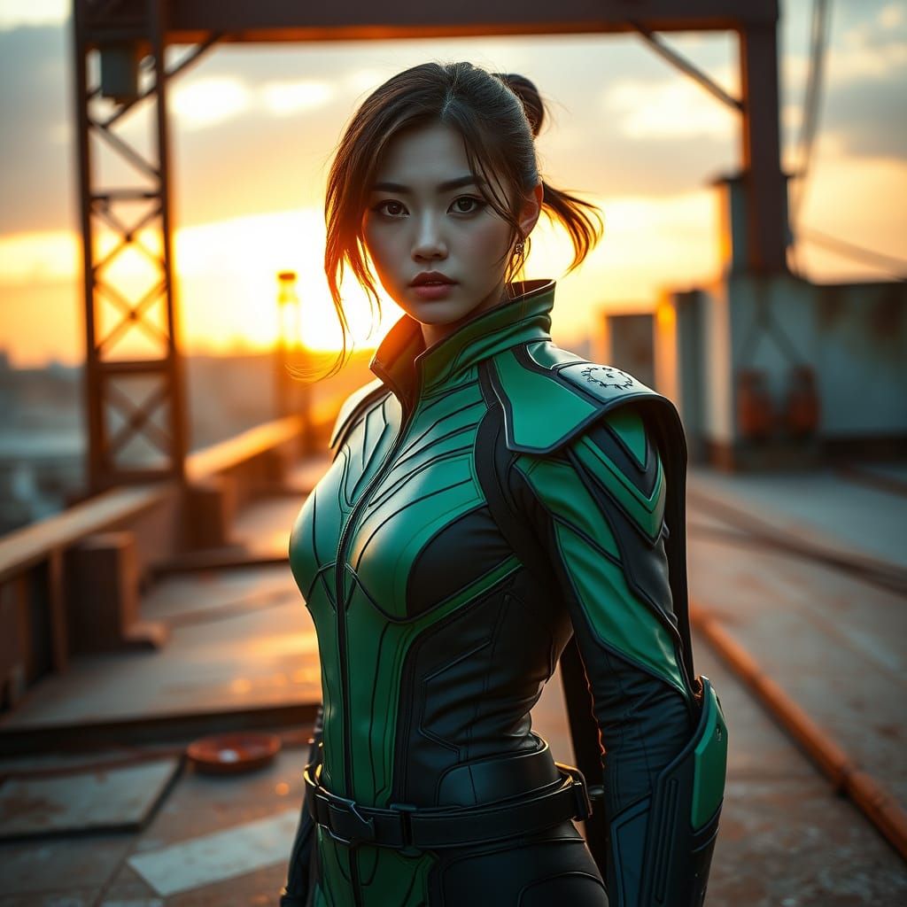Korean Superheroine Ninja in Sunset Rooftop Glory