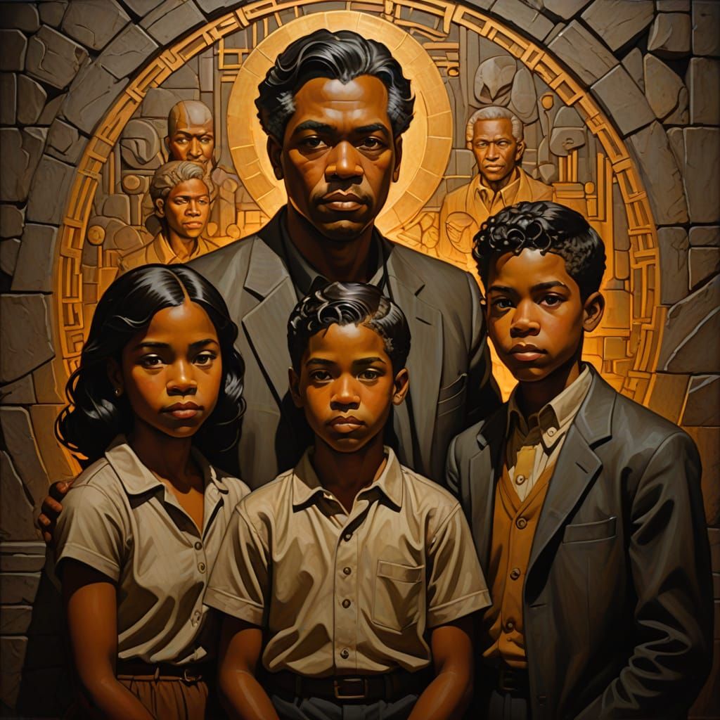 Hypermodern Family Portrait with Intricate Stone Carvings