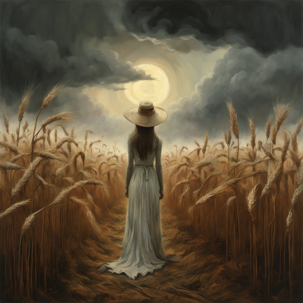Eerie Glitch Art of Woman in Wheat Field