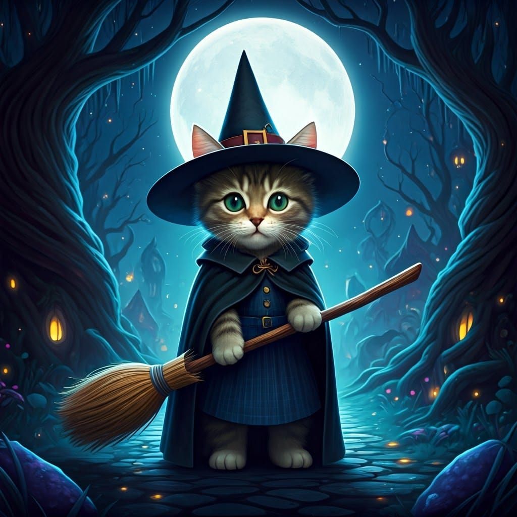 Whimsical Wicked Witch Kitten in Enchanted Wonderland