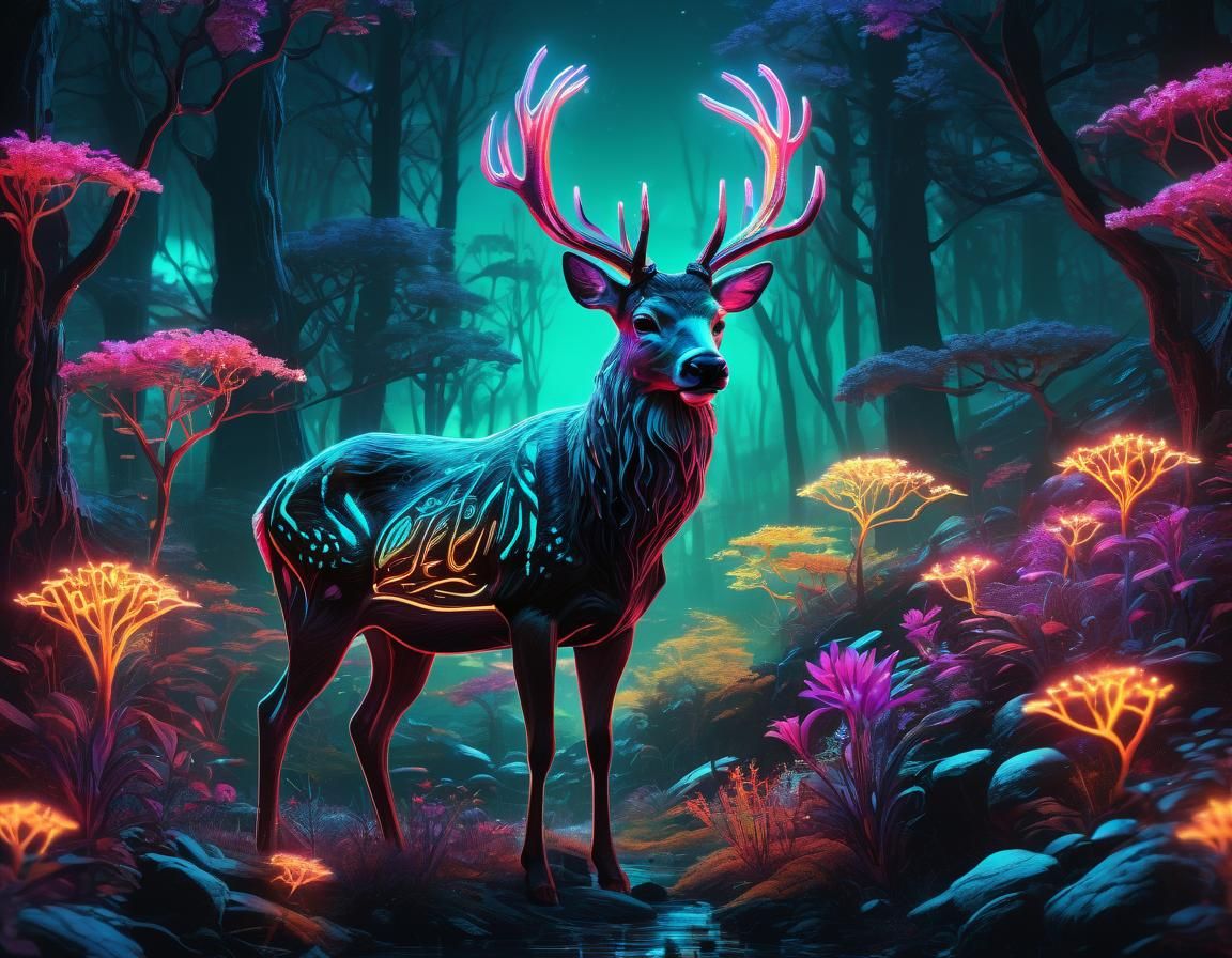 Bioluminescent Neon Fantasy Landscape with Glowing Deer
