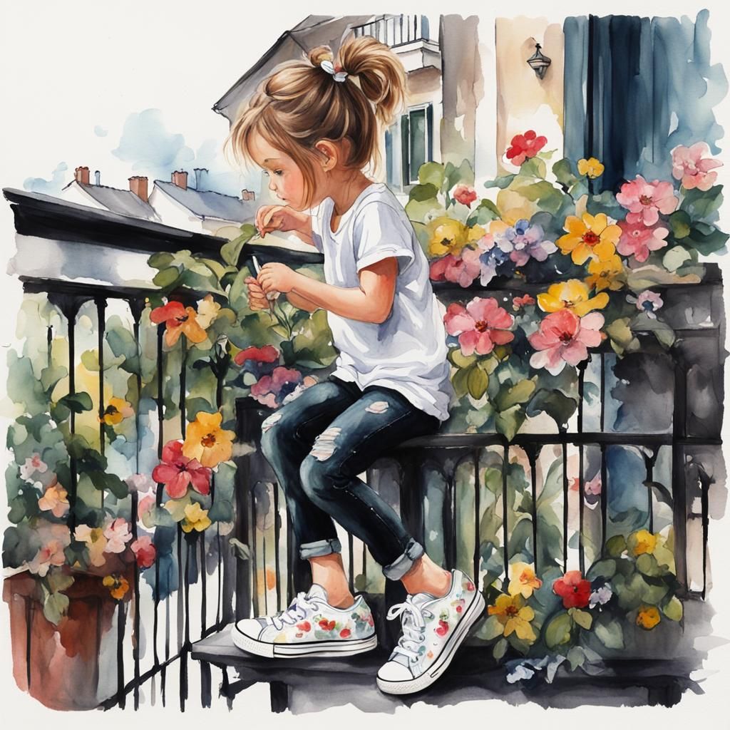 Whimsical Watercolour of a Sassy Girl on Balcony