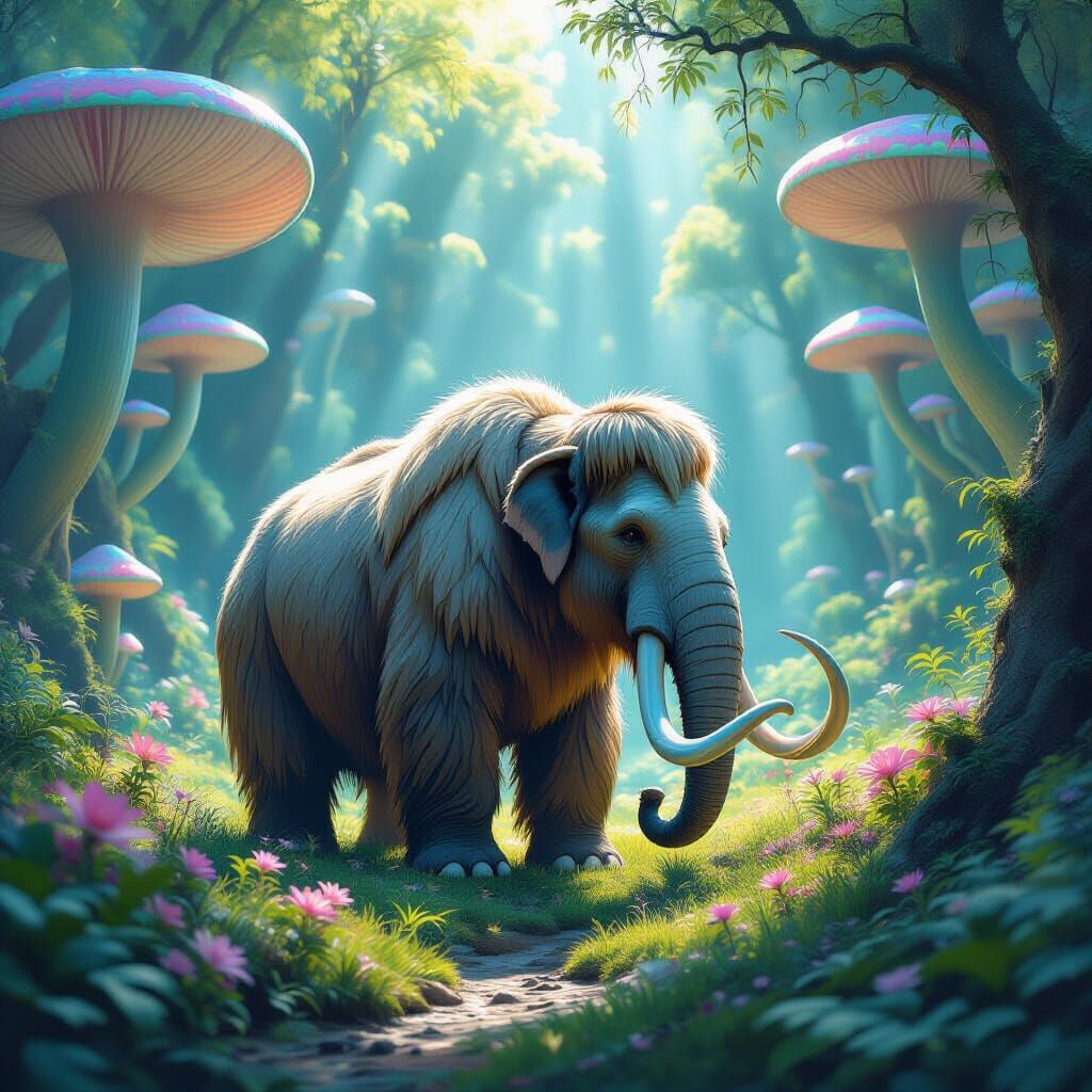Bioluminescent Mammoth in Hidden Valley, Art Nouveau Style