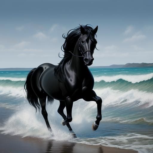 A splendid black horse painted in oil, without a rider, riding on the seashore on a beach. The horse's body is shiny jet...
