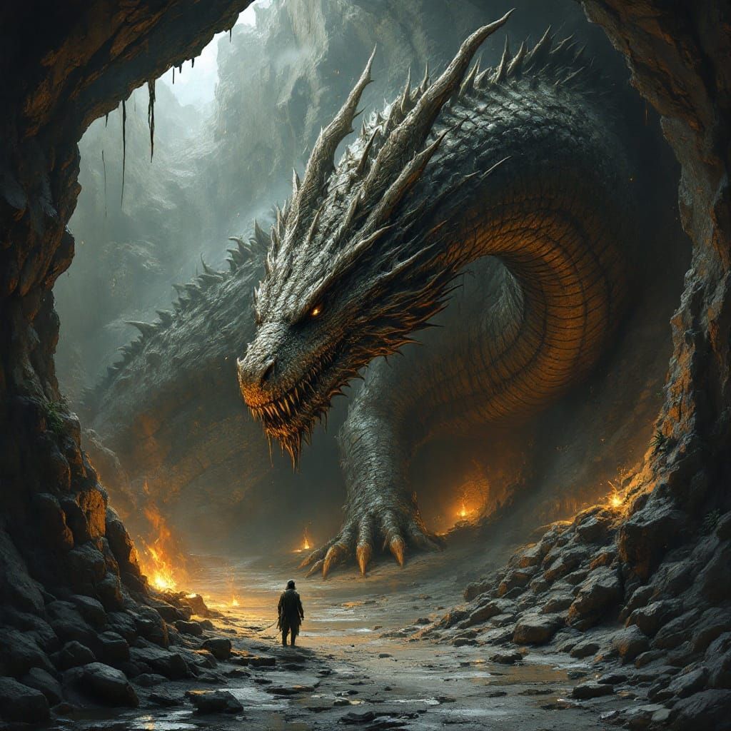 A Grimy, Scale-Covered Dragon in a Flickering, Subterranean ...