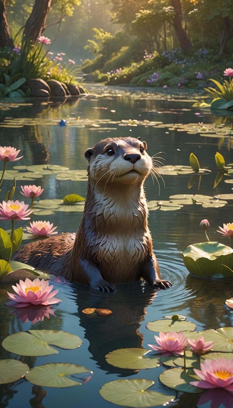 Otter Brushing Hair in Dreamy Pixar Lake Scene