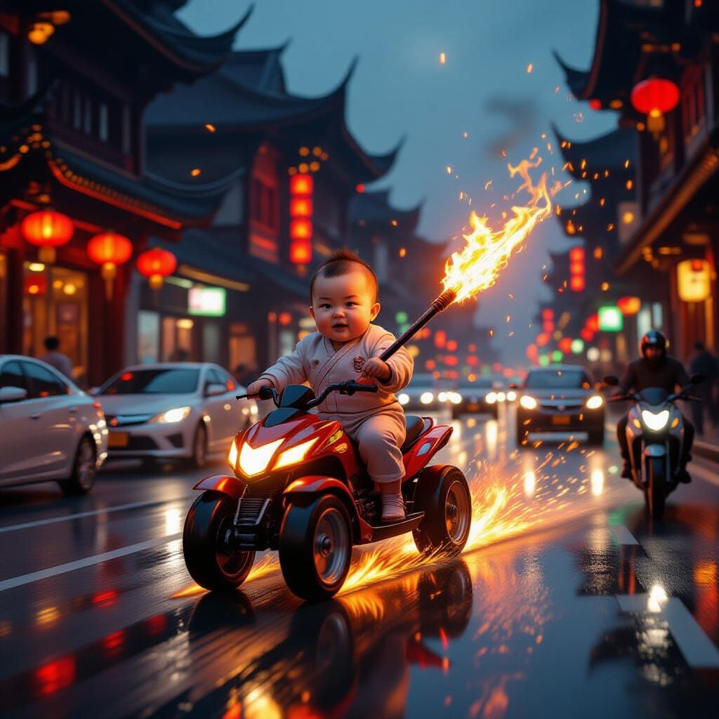 Baby on Fiery Wheels with Flaming Spear Speeds Through Moder...