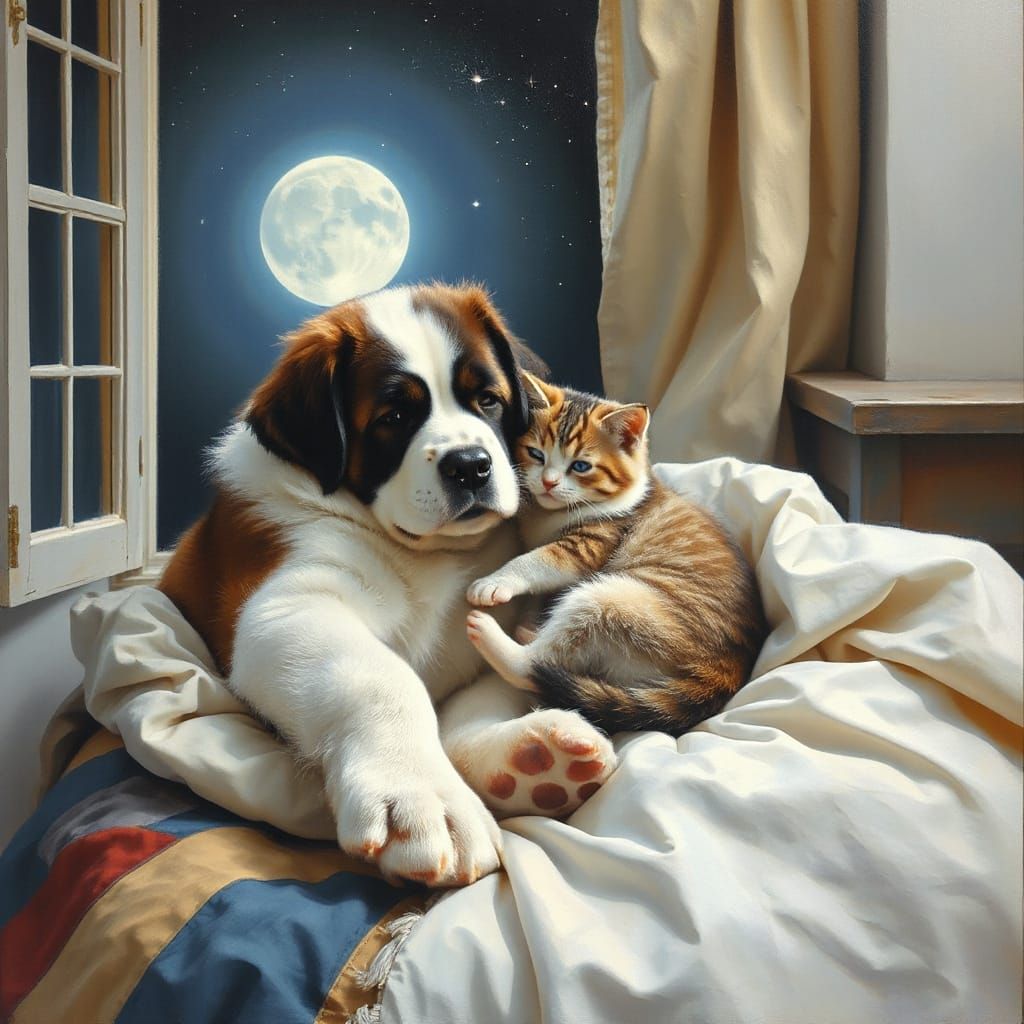 Serene Oil Painting of Saint Bernard Puppy and Ragdoll Kitte...