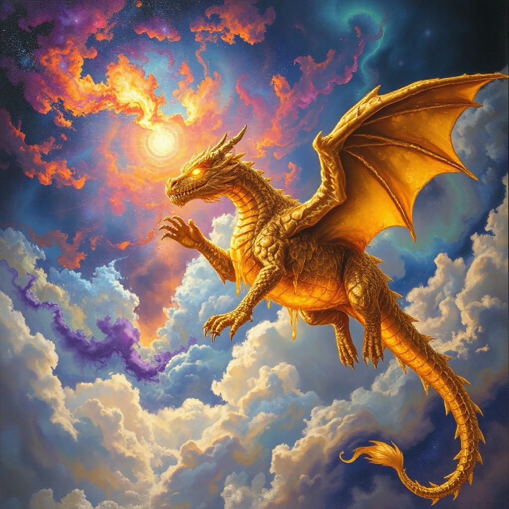 Majestic Molten Gold Dragon Soars Through Nebula Sky
