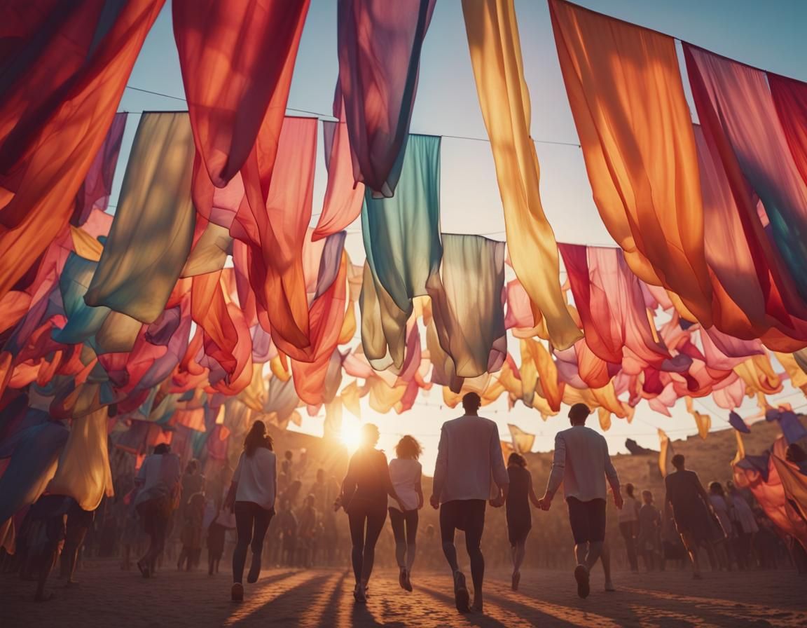 Multicolor Banners Billow in Magic Hour Light