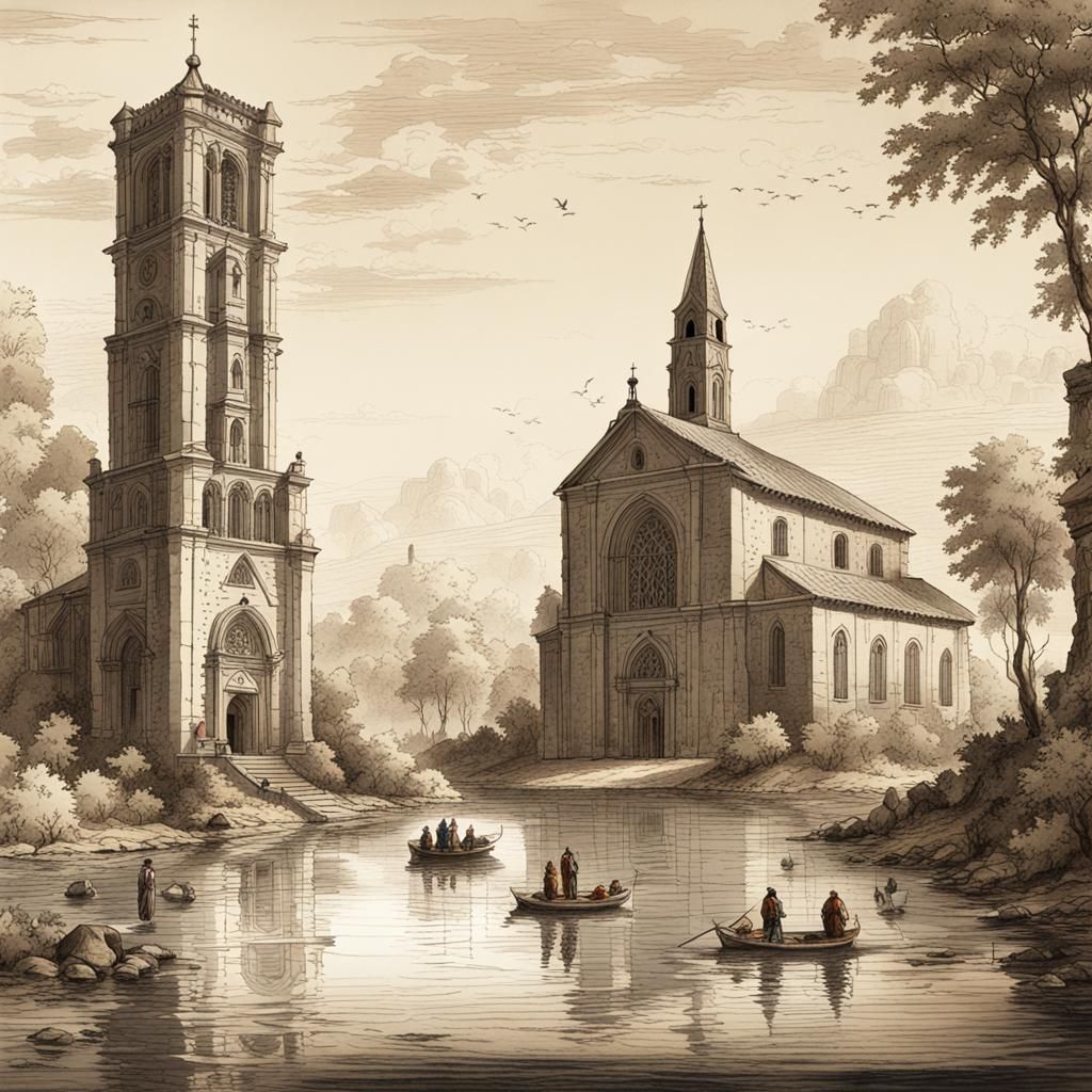 Baroque Church by Water: An Ink and Etching Style Artwork