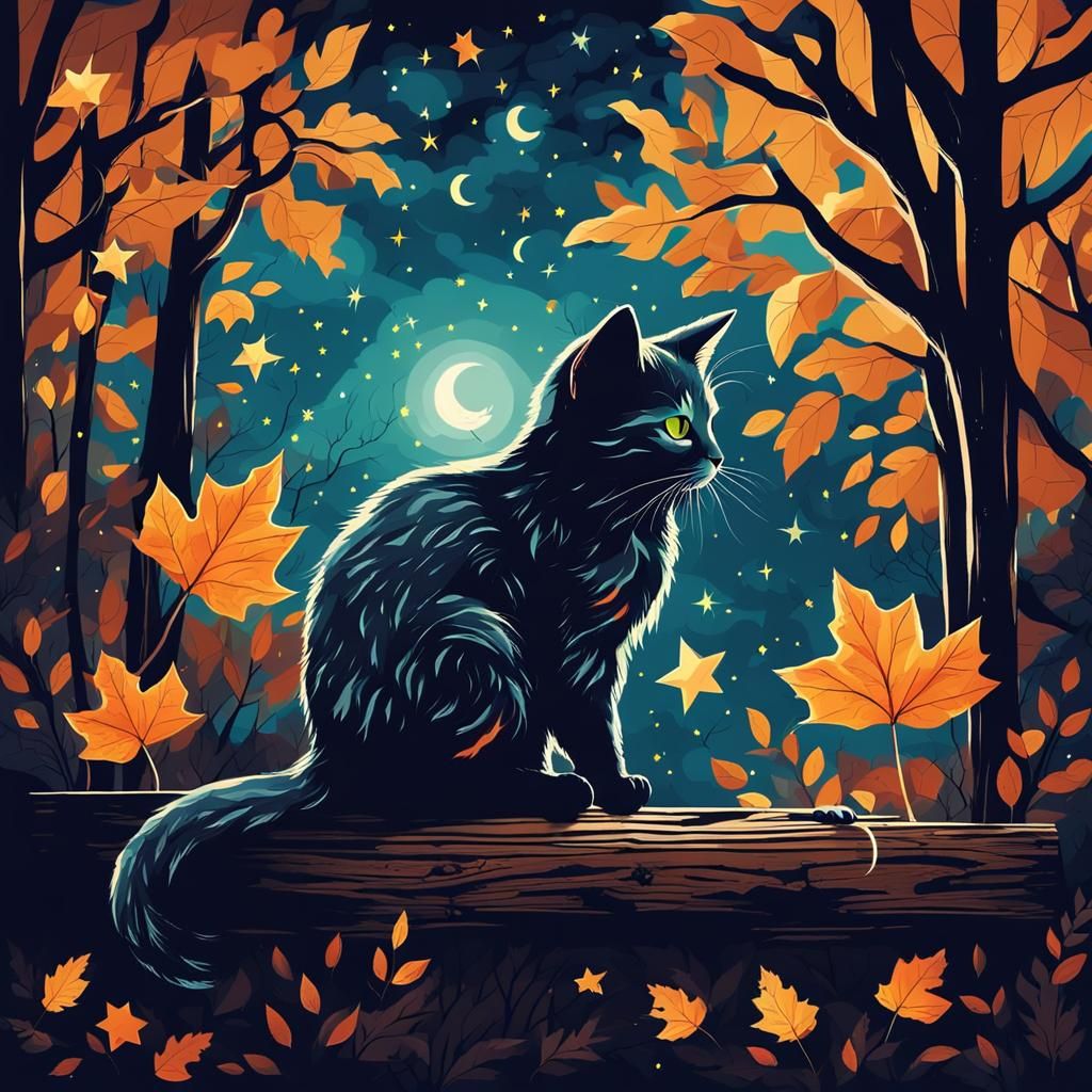 Afraid Kitten in Dark Forest Under Starry Sky