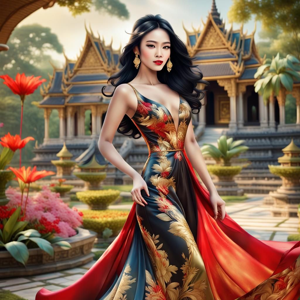 Khmer Woman Twirling in Exotic Royal Garden