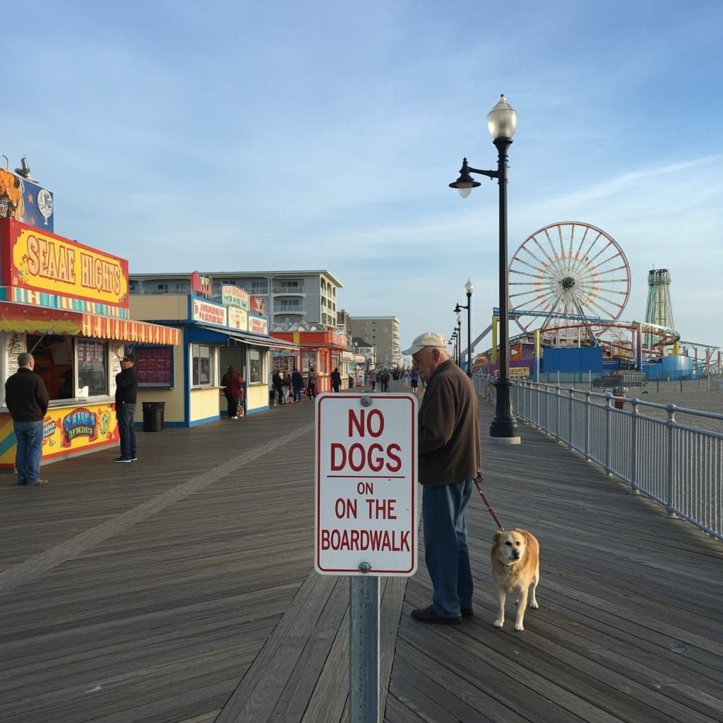 Boardwalk Scene with Man, Dog and "No Dogs" Sign