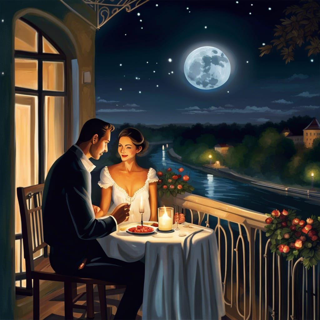 Romantic Balcony Dinner Under Full Moon