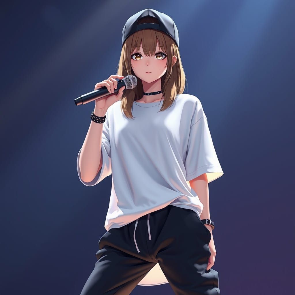 Serious Female Rapper on Stage in 3D Anime Style