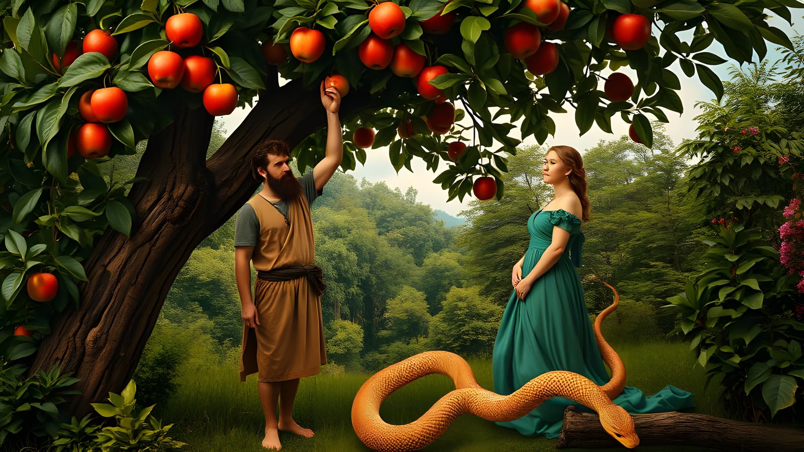 Garden of Eden Scene with Mankind, Woman, Apple Tree and Ser...