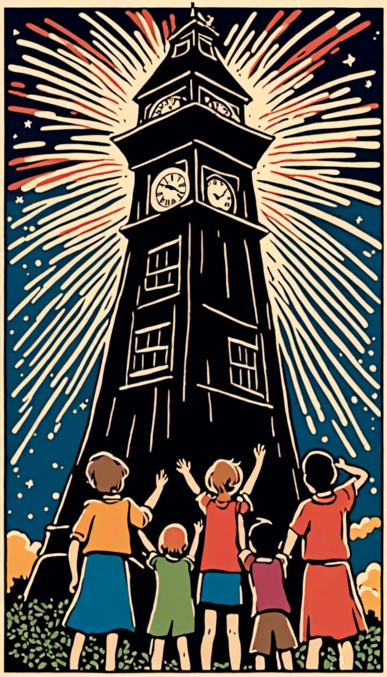 Vintage Propaganda Poster: Children and Clocktower