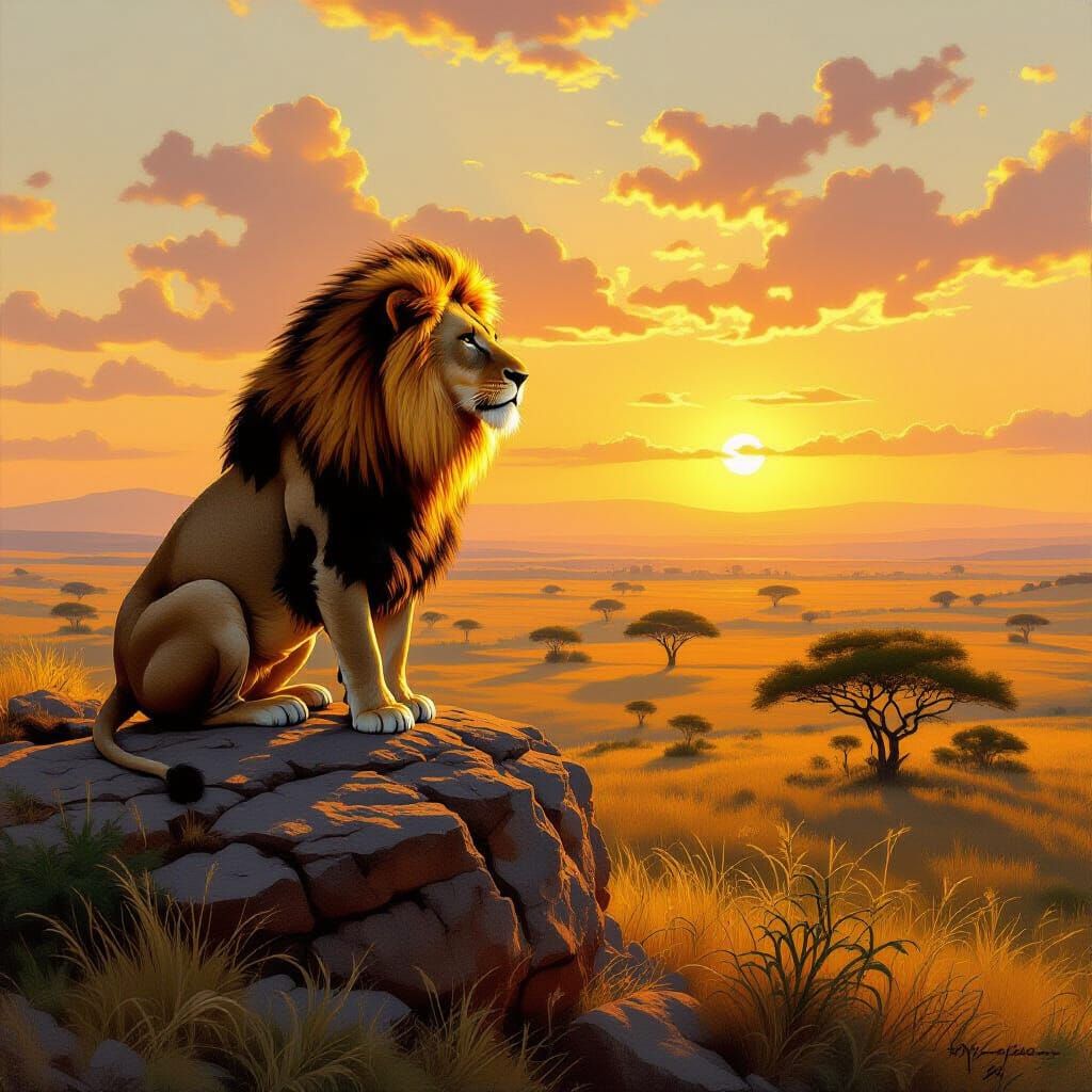 Lion Gazing Over Savanna at Sunrise