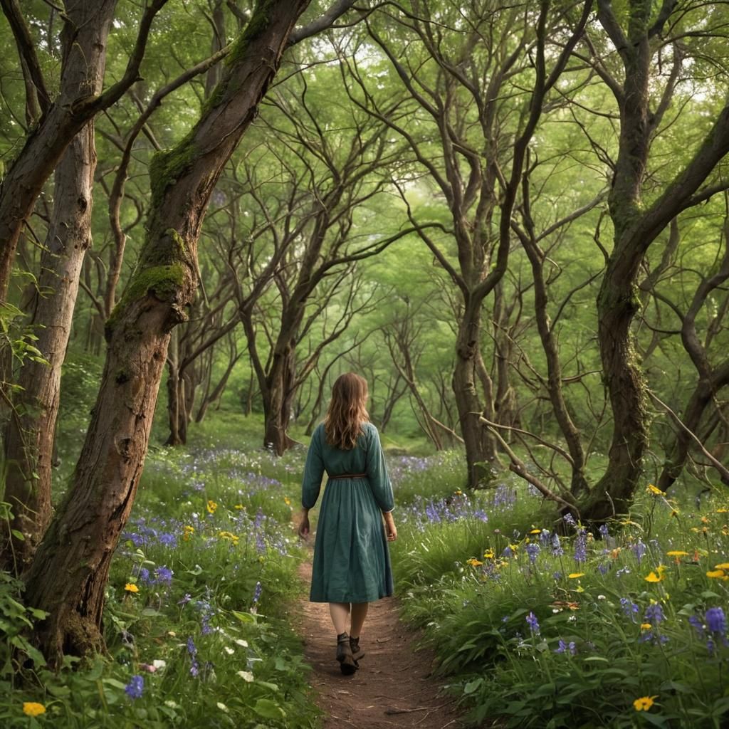 Girl Lost in Ancient Forest with Gnarled Trees