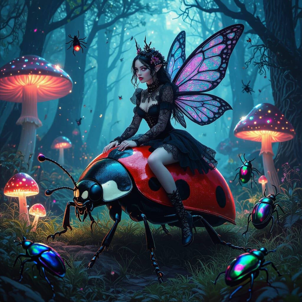 Gothic Fairy Rides Ladybug in Neon Woodland
