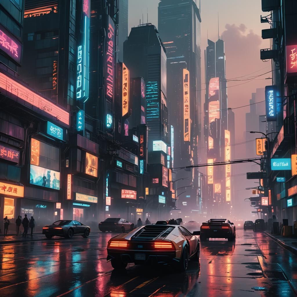 Cyberpunk Cityscape with Flying Cars in Neon Dusk