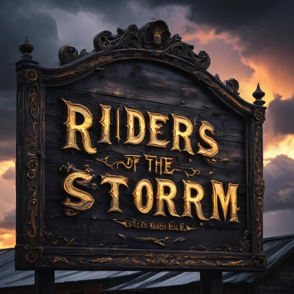Gothic Sign Creaking in Turbulent Sunset Sky