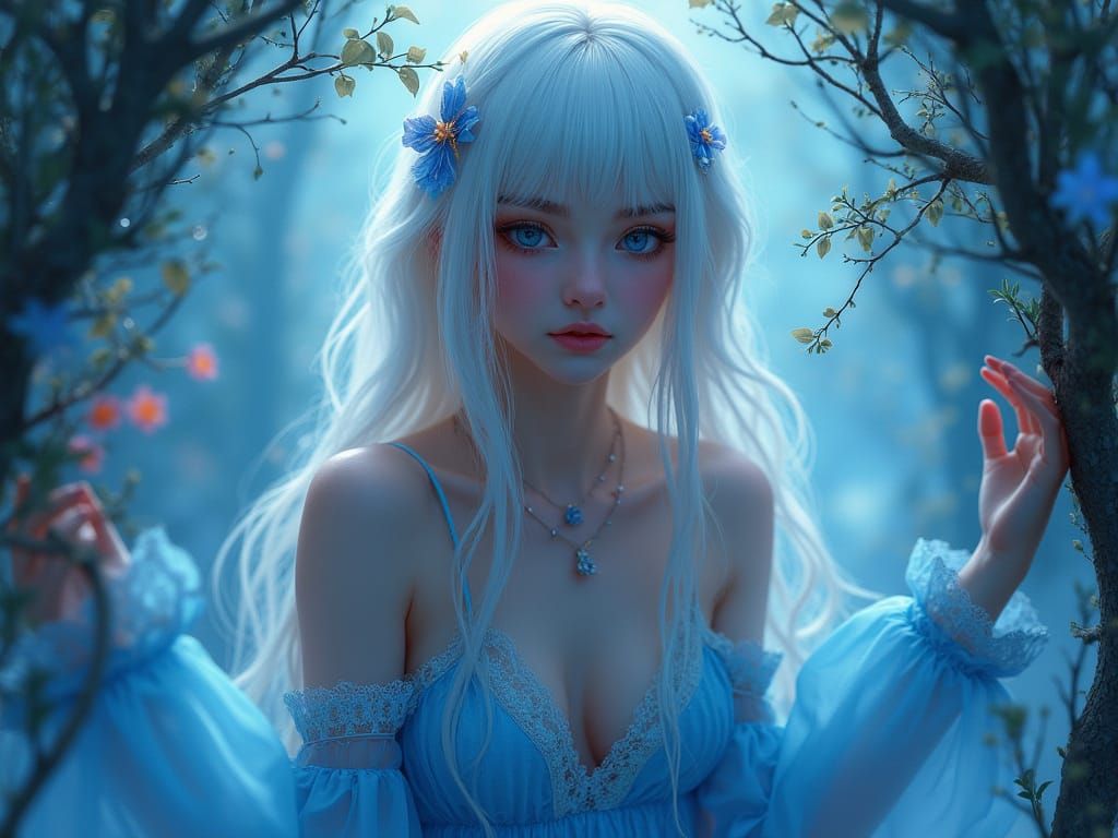 Ethereal Woman in Fairytale Setting, Art Nouveau Style