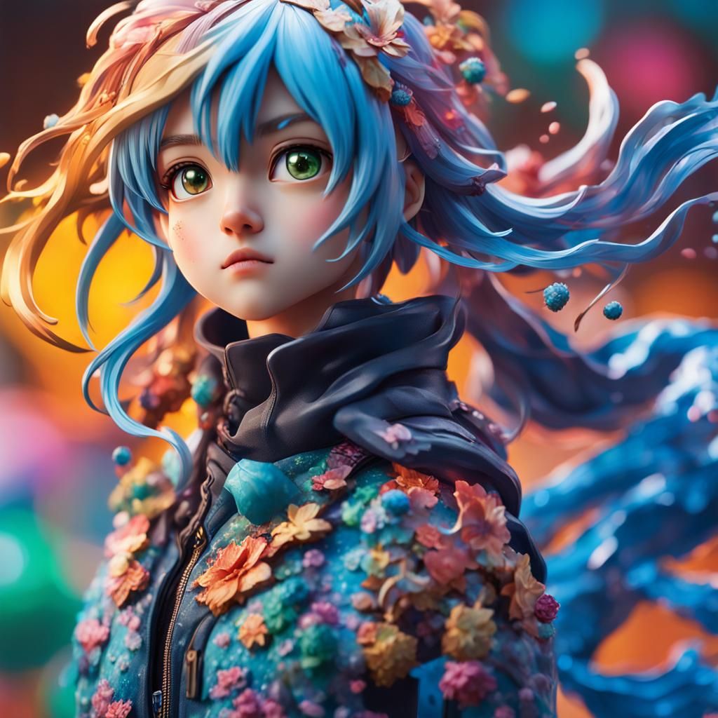 Hyperrealistic Anime Girl Action Figure in Splash Art