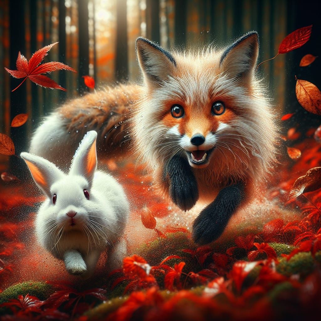 Fox Chasing Rabbit Through Autumn Forest