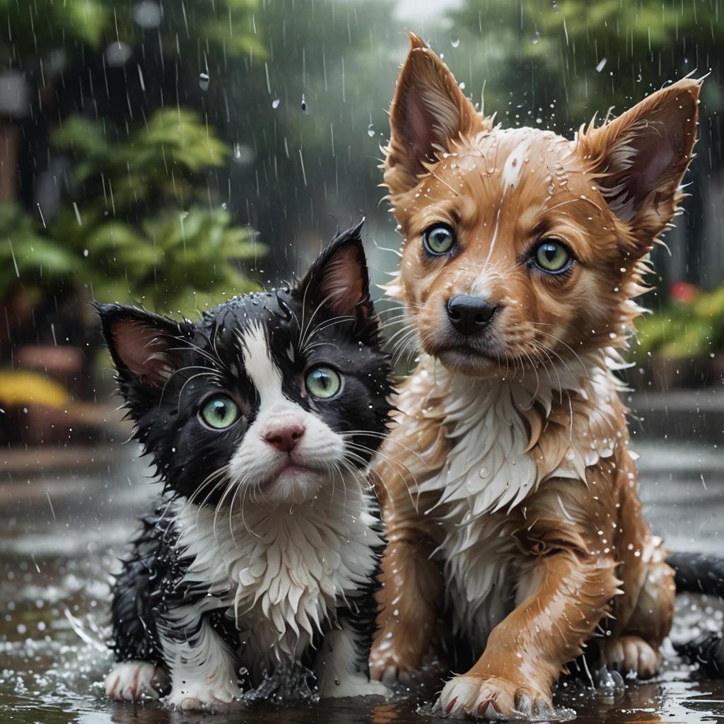 Puppy and Kitten Play in Rainy City, Splash Art