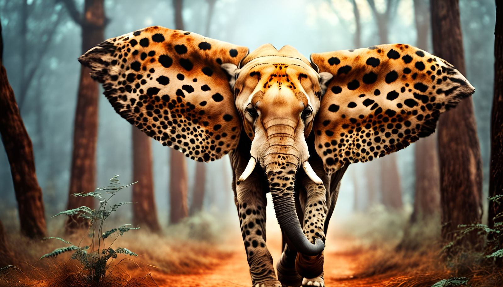 Cheetah-Patterned Elephant in Psychedelic Forest