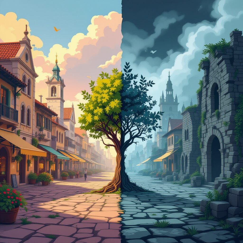 City Square Split: Modern Meets Ancient in Papercraft Style