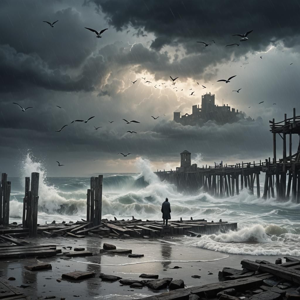Fantasy Matte Painting: Figure on Pier Amidst Ruins